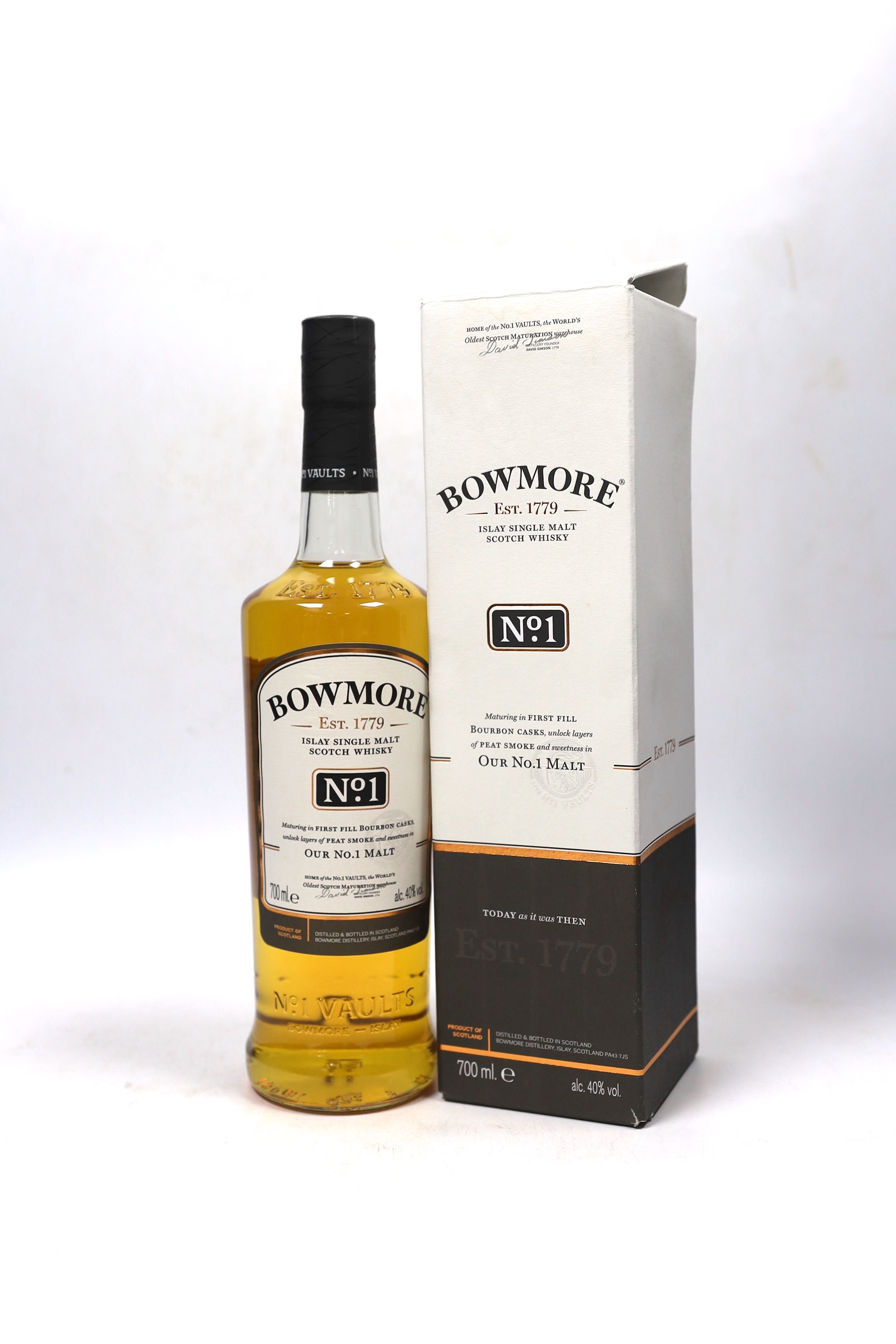 One boxed bottle of Bowmore No.1 Islay single malt Scotch whisky.